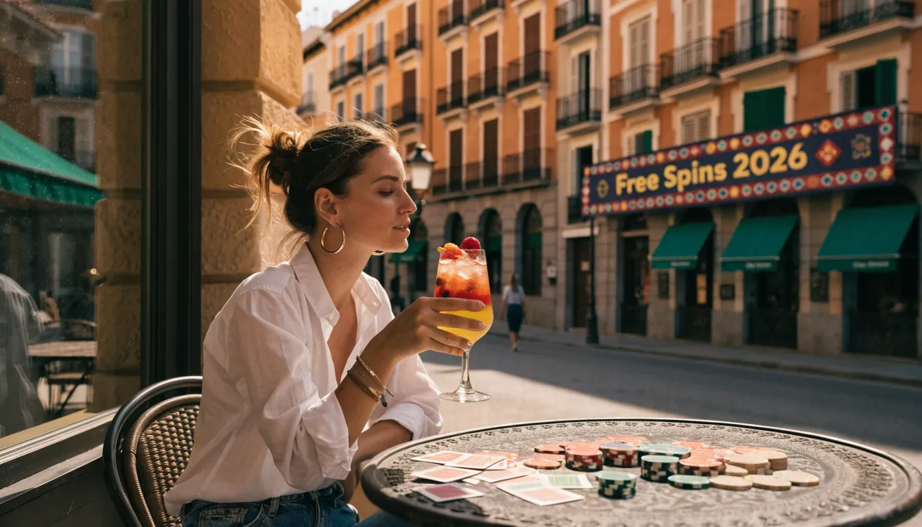 Mujer feliz en terraza con cartas y fichas, banner de giros gratis 2026