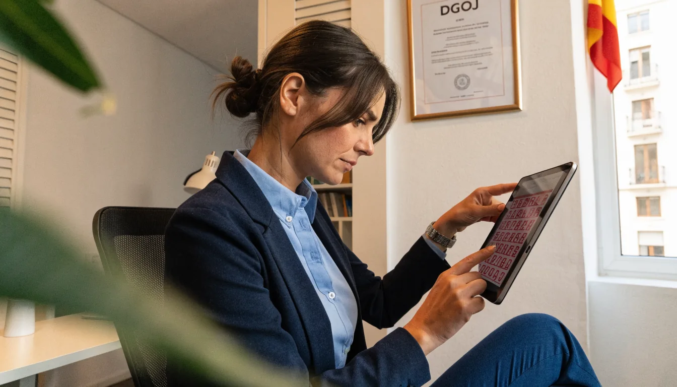 Mujer profesional revisando boleto de bingo con certificado DGOJ