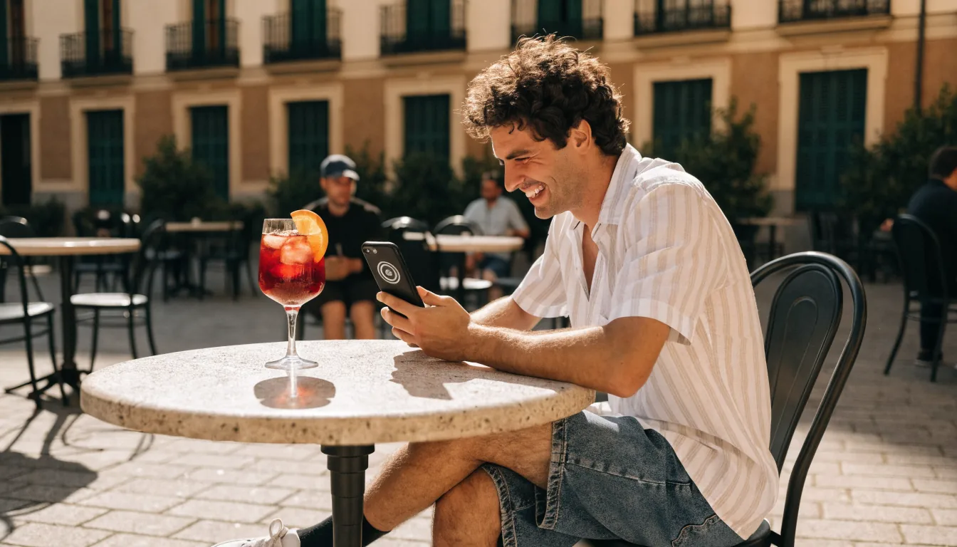 Hombre feliz con smartphone y fichas de casino en terraza de Madrid