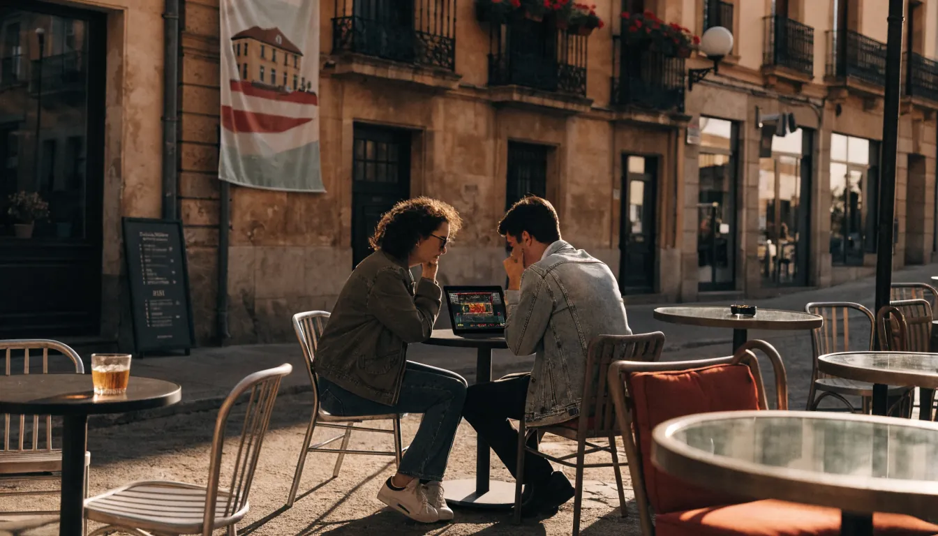 Pareja en terraza española revisando casino con bandera de Gibraltar