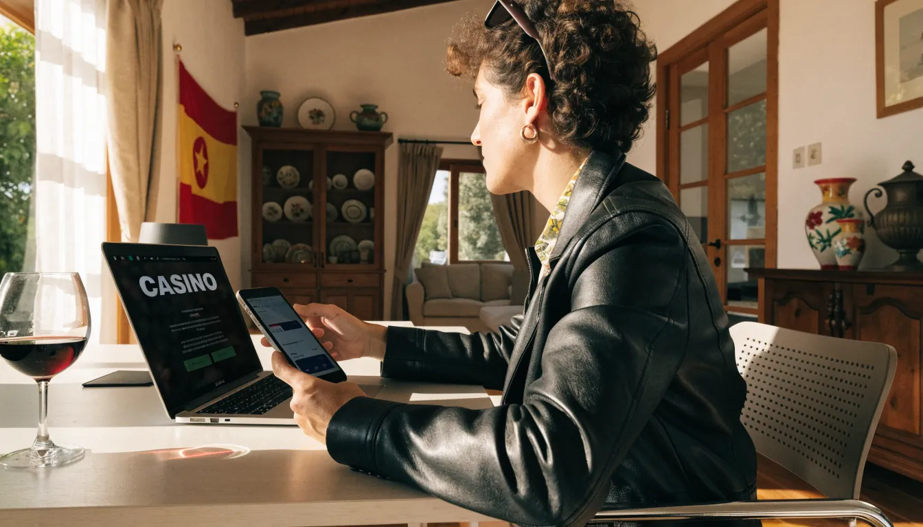 Joven usando smartphone con Caixabank Pay frente a laptop de casino