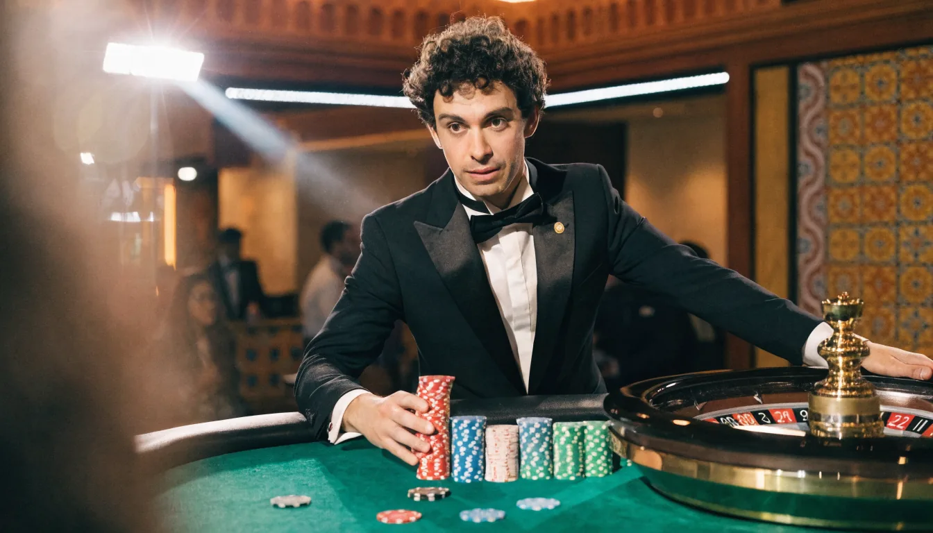 Dealer en vivo en casino español con mesa y fichas bajo iluminación brillante