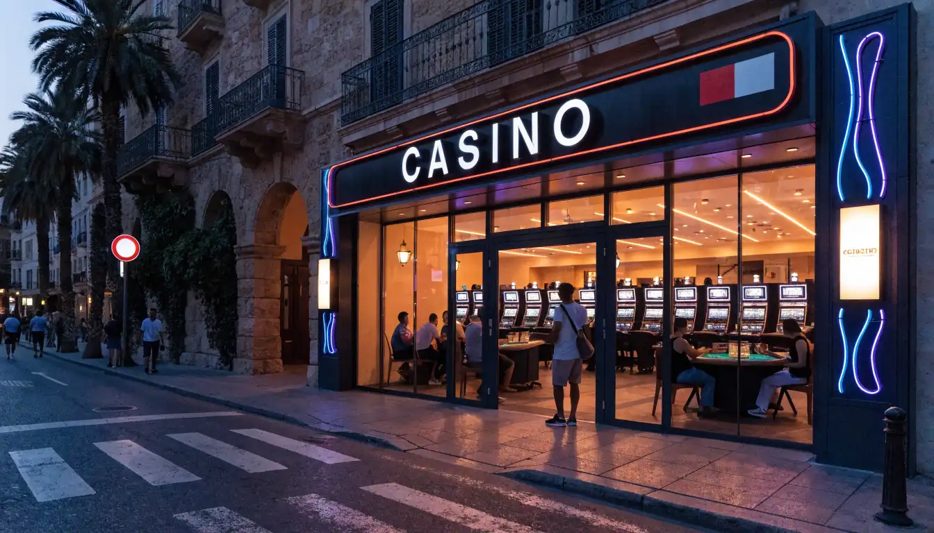 Casino moderno con detalles de Malta y ambiente mediterráneo.