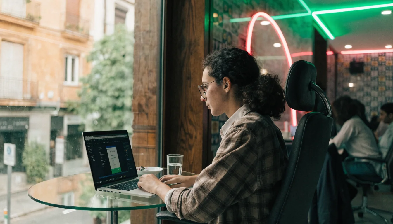 Joven profesional en espacio moderno con luces de neón y pantalla de criptomonedas