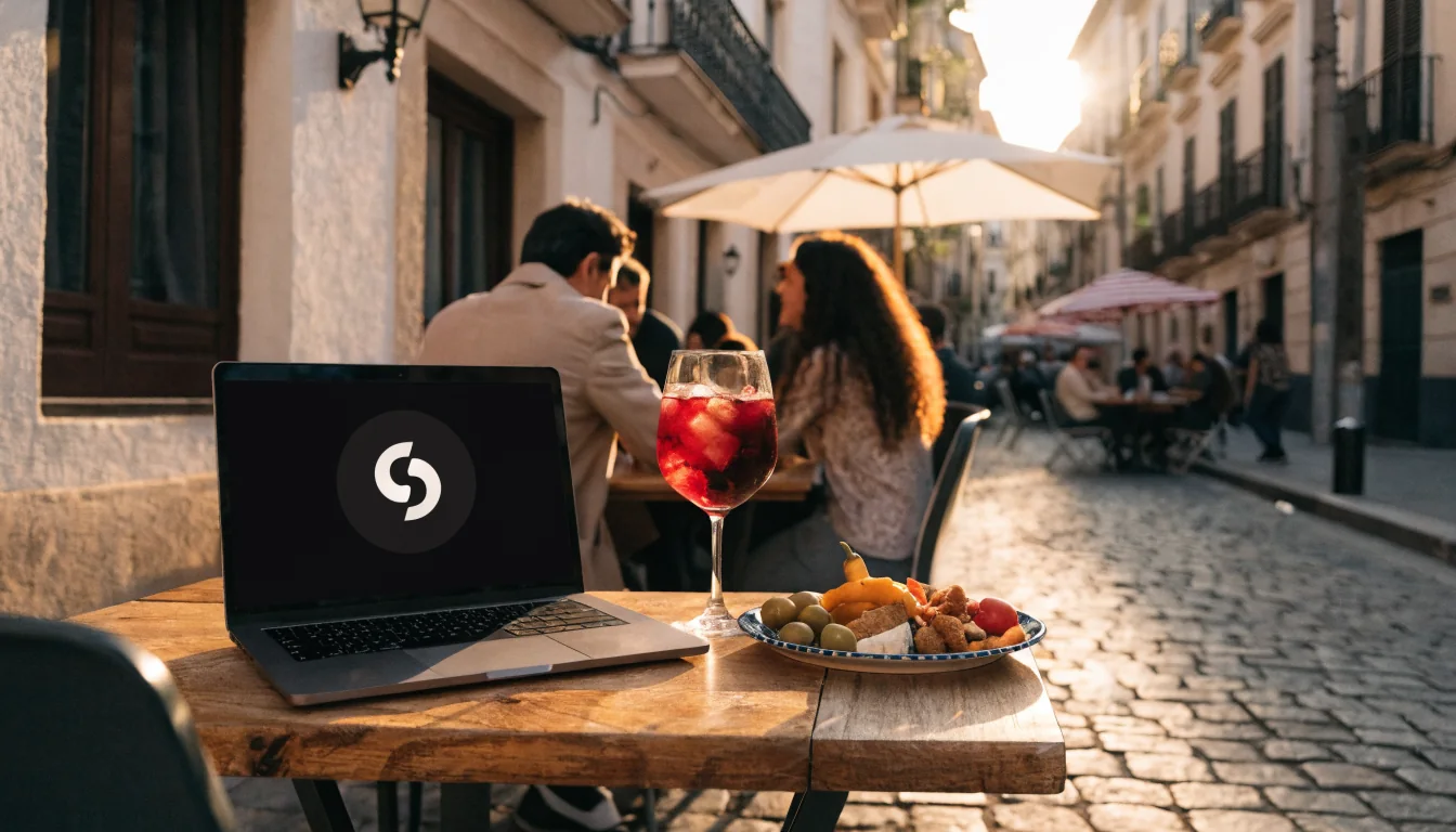 Café español al atardecer con laptop y símbolo USDC