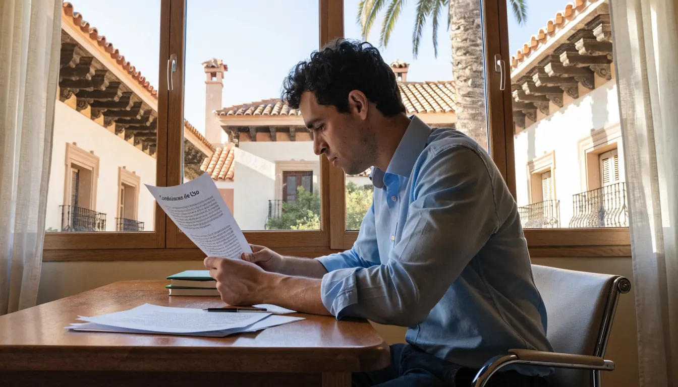 Trabajador español leyendo condiciones de uso en oficina luminosa