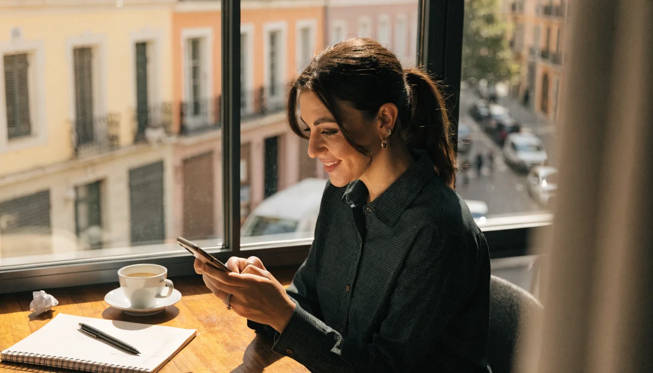 Recepcionista sonriente en oficina española con ventana soleada