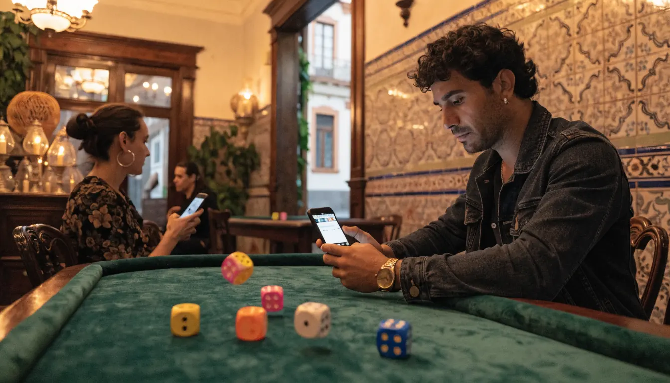 Casino lounge español con dados sobre mesa de terciopelo