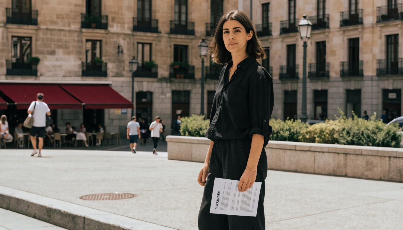 Mujer española con documento de exención en una plaza soleada de Madrid.