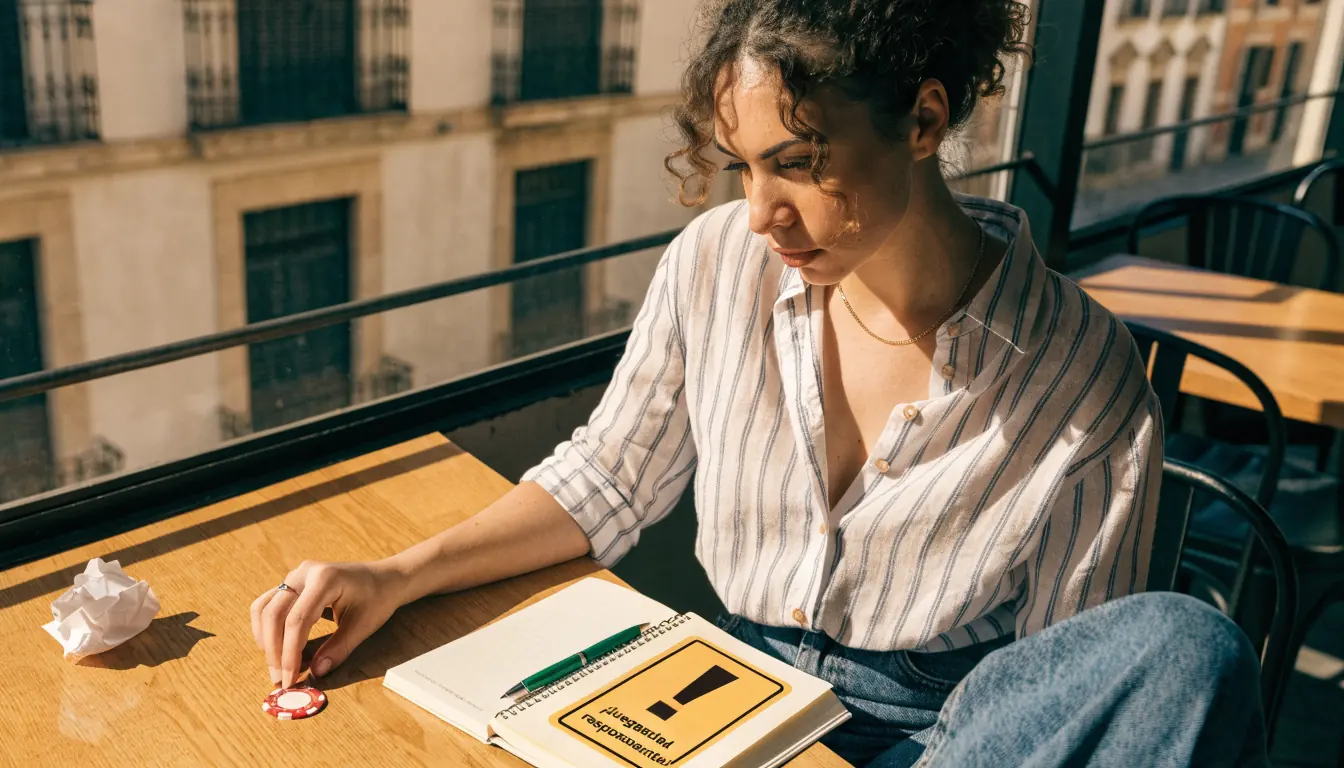 Mujer española leyendo aviso de juego responsable en café
