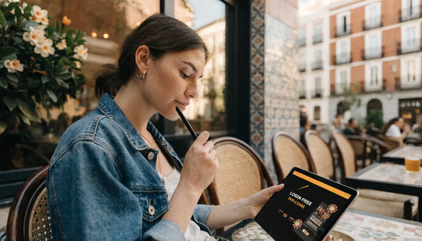 Mujer joven en terraza de Madrid usando tablet sin iniciar sesión
