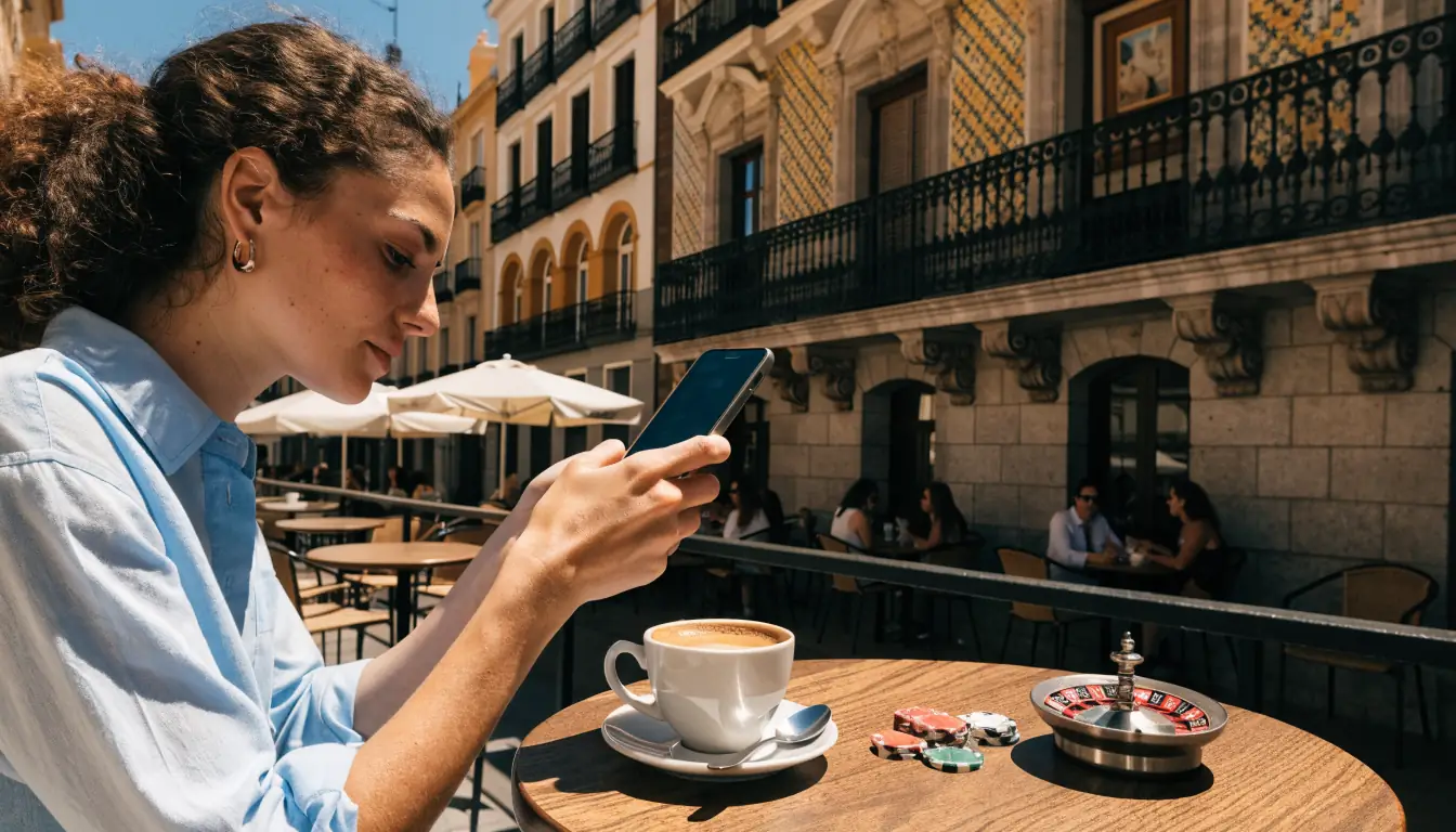 Mujer en terraza madrileña con smartphone y fichas de casino