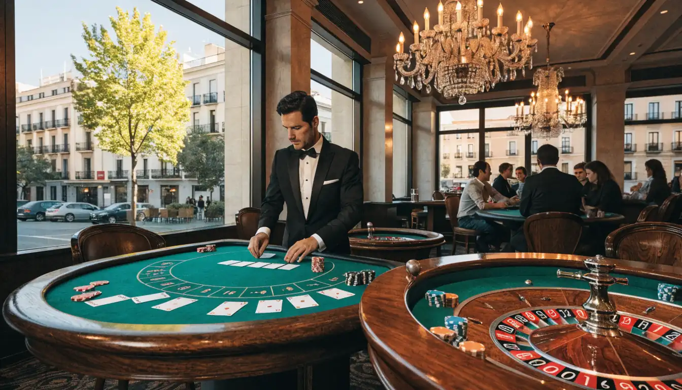 Estudio de casino español con mesas elegantes, crupier y luces cálidas