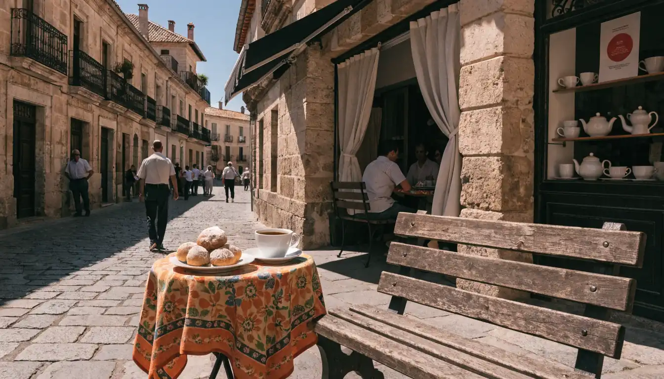 Escena española con mesa, galletas y café bajo el sol