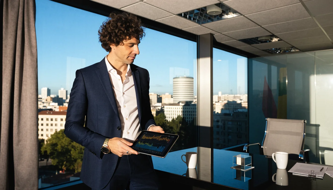 Presentador español en oficina moderna con vista a Madrid