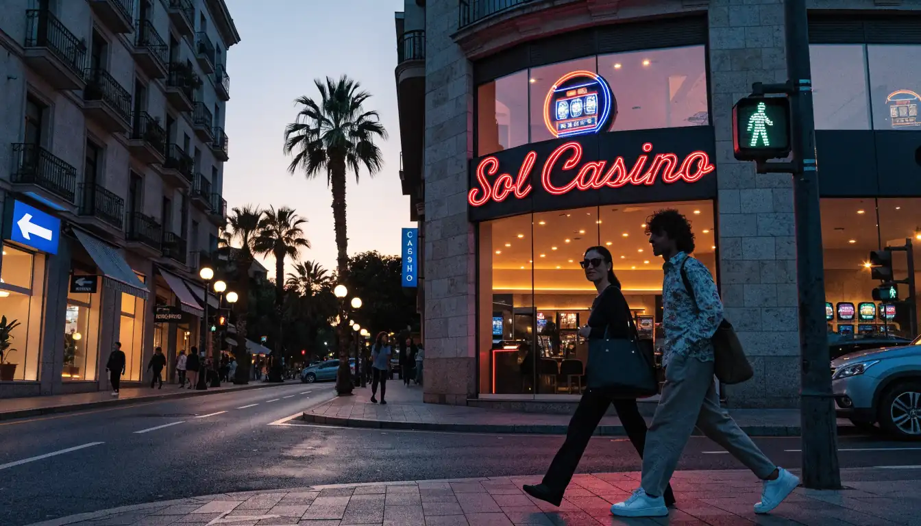 Pareja caminando por calle española iluminada, neón de casino al atardecer